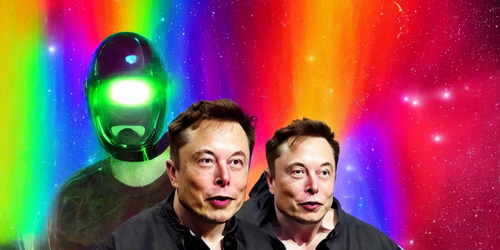 Image similar to elon musk with the face of waya steurbaut hero combination rainbow glowing suite high resolution film render 100k, photo realistic, epic, colourful close up shot