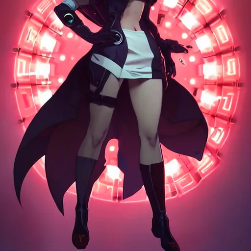 Image similar to a full body character design by artgerm, cushart krenz, ross tran, alphonse mucha. cute mad scientist girl lab coat futuristic huge collosal shoulder cannon rocket bazooka!! bold outline sharp edges. ultra clear detailed. 8 k. elegant, neon colors, dynamic angle, intricate complexity, epic composition, action pose, cinematic lighting masterpiece