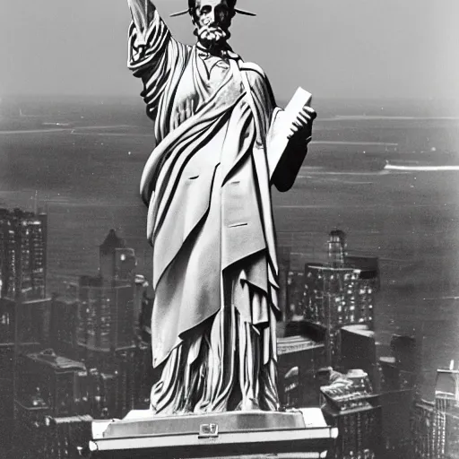 Prompt: abraham lincoln as the statue of liberty in new york city