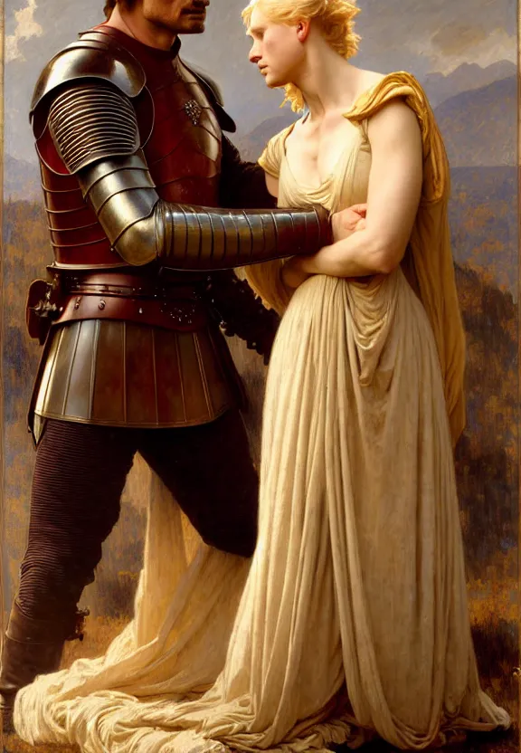 Image similar to attractive handsome fully clothed jaime lannister confesses his love for attractive fully armored brienne of tarth. centered composition. highly detailed painting by gaston bussiere and j. c. leyendecker and william adolphe bouguereau and fra angelico and octane render, musee d'orsay 8 k