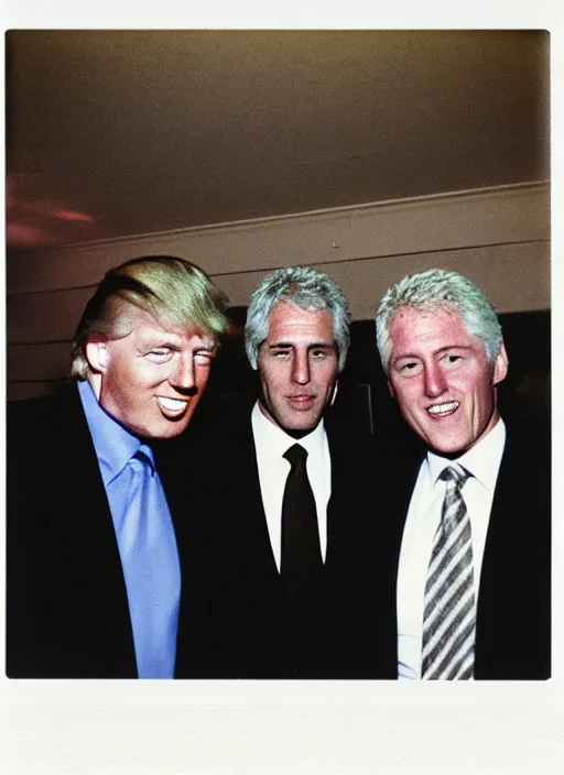 Image similar to polaroid of jeffrey epstein, bill clinton, and donald trump on an island