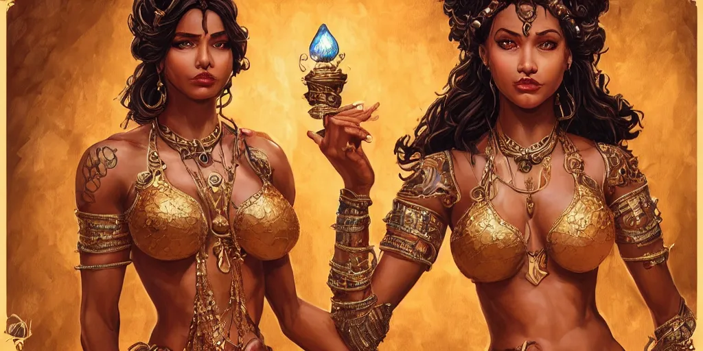 Image similar to a young female brown skinned short brown haired genie, emerging from her lamp, abs, confident, insanely detailed and intricate, hypermaximalist, elegant, ornate, hyper realistic, super detailed, Art Deco, cinematic, trending on artstation, magic the gathering artwork, centered