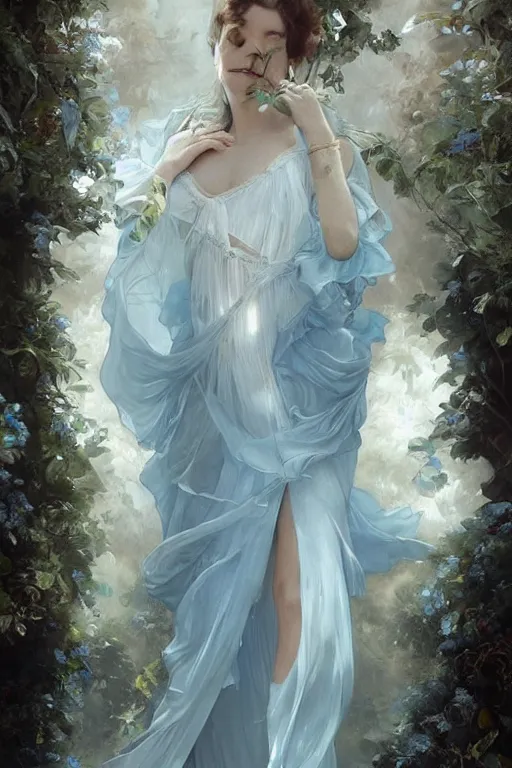 Image similar to beautiful!!! woman dressed in a vaporous wrapped large victorian pale blue roses silk semi-transparent dress fashion is running, fantasy, intricate, elegant, highly detailed, digital painting, trending on artstation, concept art, matte, sharp focus, illustration, art by Artgerm and Greg Rutkowski and Alphonse Mucha, instagram model