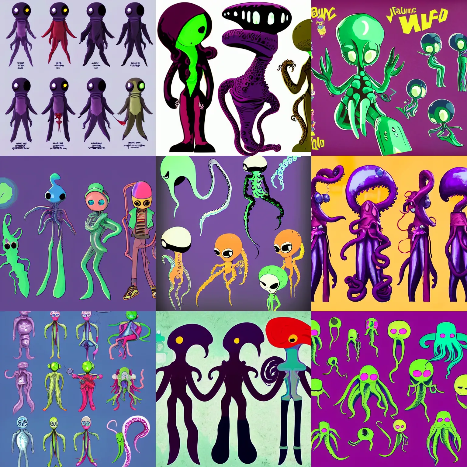 Prompt: an adorable vintage vaporwave colorful tall lean vampire ninja aliens with big black alien eyes and a squid beak with three webbed tentacle arms and skinny thin human legs inspired as playable characters design sheets for the newest psychonauts video game made by double fine done by tim shafer that focuses on an ocean setting with help from the artists of odd world inhabitants inc and Lauren faust from her work on dc superhero girls and lead artist Andy Suriano from rise of the teenage mutant ninja turtles on nickelodeon using artistic cues for the game fret nice and art direction from the Sony 2018 animated film spiderverse