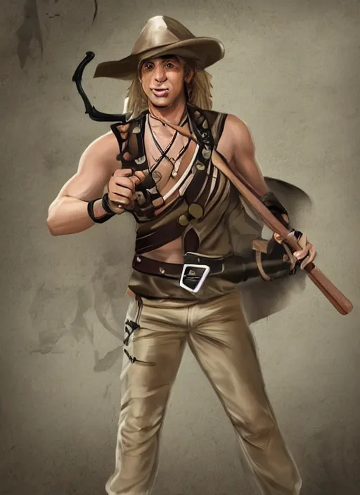 Image similar to a male ranger with a bongo drum and nunchucks,, dnd, wearing a leather vest and white linen pants, chiseled good looks, long swept back blond hair, puka shell necklace, digital art