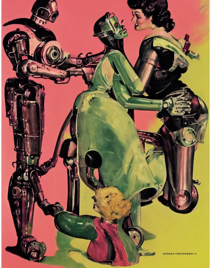 Prompt: a female housewife being hugged by a manly metal - suited robot 1 9 5 0 s horror film movie poster style norman rockwell oil painting, saturated pink and green lighting, shadowy lighting, cohesive