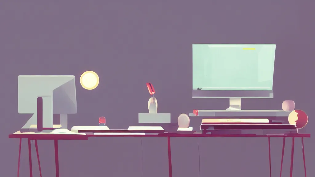 Prompt: stylized retro minimalist design of the desk of a famous web designer working with apple computer, loftis, cory behance hd, by moebius, makoto shinkai and lois van baarle, ilya kuvshinov, rossdraws global illumination