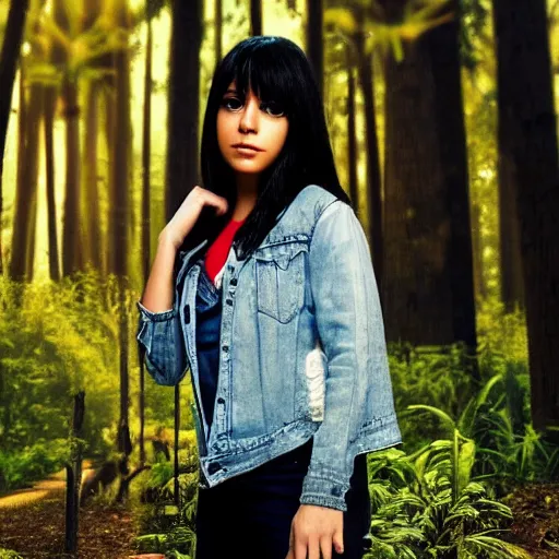 Prompt: 8k render, cinematic, semi-realistic, Instagram art, Pixar style Latina anime girl 3d, cute face black hair, curtain bangs, Latina, brunette, white t-shirt with red sleeves, wearing jeans, has fire powers, her hair is on fire, her hands are on fire powerful, she is in a forest, tropical forest, lots of foliage, character, trending on Deviantart