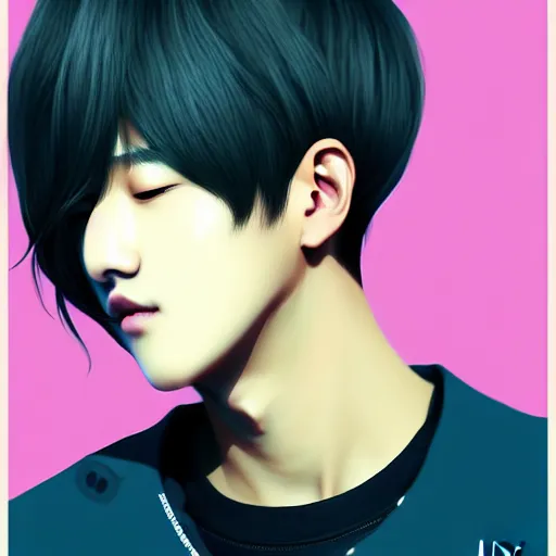 Prompt: K-pop idol Changbin, muted colors, matte print, pastel colors, 2d, ultra highly detailed, smooth, sharp focus, digital art, digital painting, fan art, elegant, artstation, head is centered, by Ilya Kuvshinov