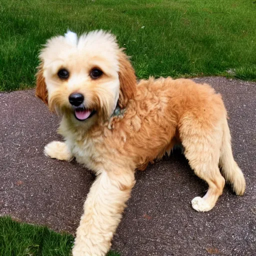 Image similar to a photograph of a goldendoodle mixed with a chihuahua