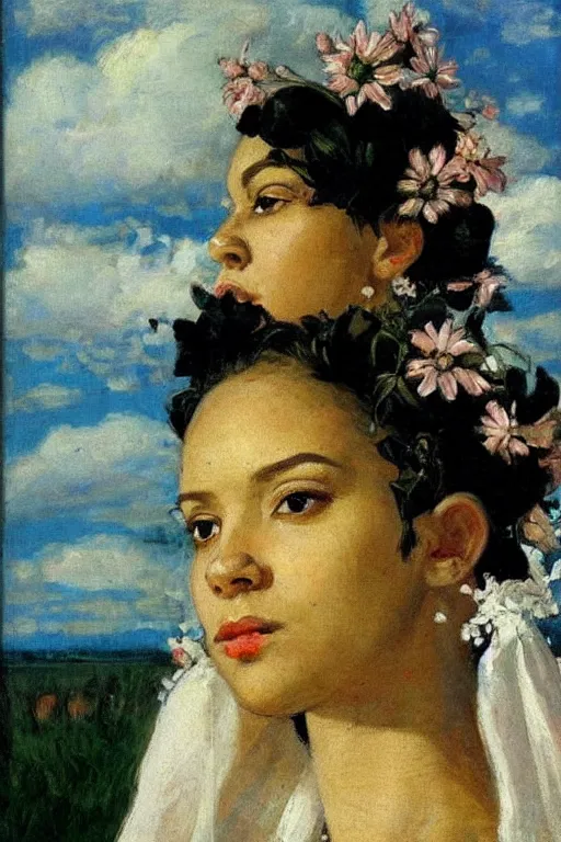 Image similar to close - up fashion black woman portrait airy flowers clouds art by vasnetsov