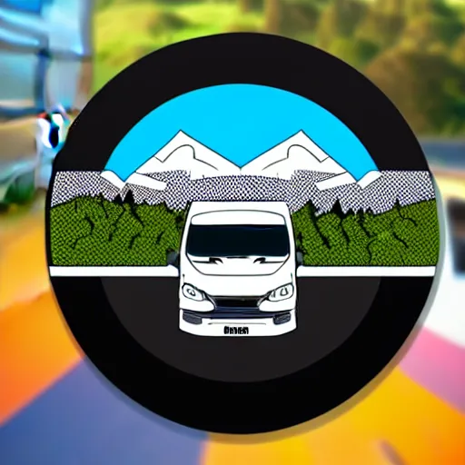 Prompt: white and black cute thor chateau motorhome camper, highway, mountains and sunset!!, everything enclosed in a circle, happy, professional colorful logo illustration