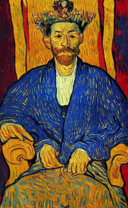 Image similar to detailed expressionist!! oil painting masterpiece portrait of an ancient emperor on his throne!! by van gogh, 8 k resolution, smooth, sharp focus, matte painting, beautiful masterpiece expressionist painting