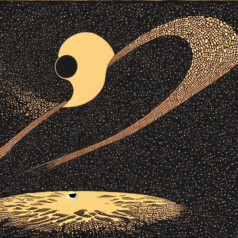 Image similar to black hole with nebula explosion, woodblock print by hokusai and victo ngai, behance contest winner, environmental art, lovecraftian