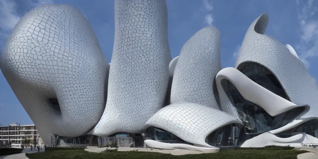 Image similar to extremely detailed ornate stunning beautiful elegant futuristic museum exterior by Zaha Hadid