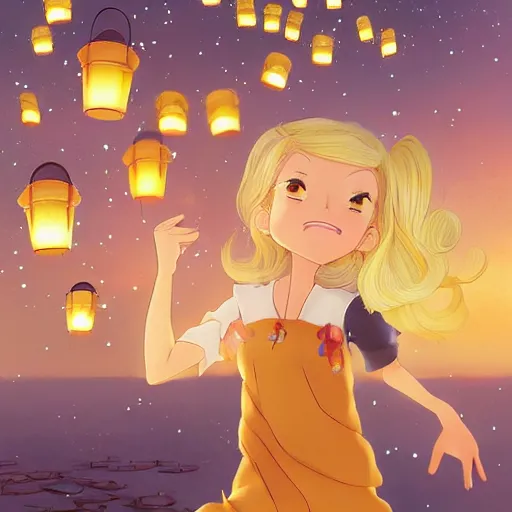 Prompt: a beautiful blonde girl with hair blowing in the wind, in a garden of lanterns and fireflies, children's book illustration in realistic pixar style and anime style by don bluth, hayao miyazaki of studio ghibli, and ross tran