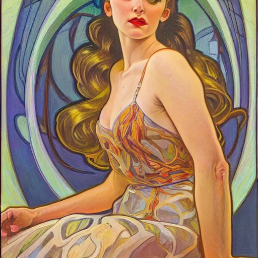 Prompt: a streamline moderne painting in the style of donato giancola, and in the style of vanessa lemmen, and in the style of alphonse mucha. symmetry, smooth, sharp focus, semi - realism, intricate detail.