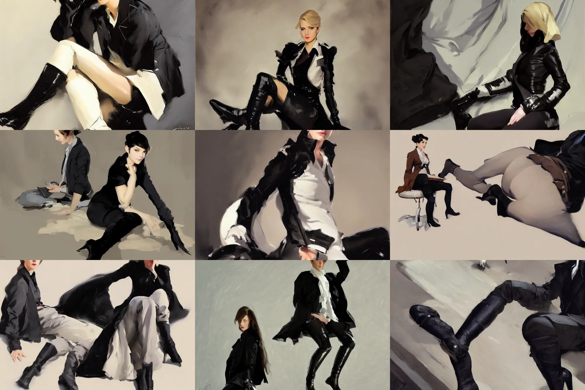 Image similar to black white cloth fabric jodhpurs knee high boots travel coat fashion, portrait in sitting pose, greg manchess painting by sargent and leyendecker, studio ghibli, fantasy, asymmetrical, intricate, elegant, matte painting, illustration, hearthstone, by greg rutkowski, by greg tocchini, by james gilleard, by joe fenton