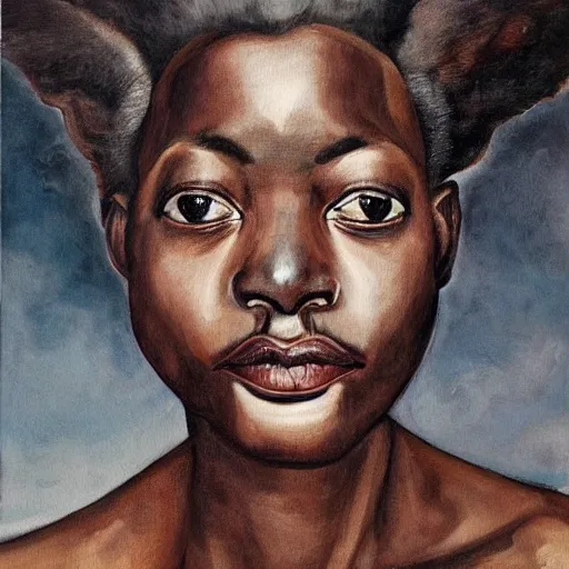 Prompt: a painting of a elegant, well fed, smooth-chinned, long nose, African elder with few eyebrows by Wangechi Mutu . thinker without facial hair, thoughtful, focused, visionary, calm, jovial, loving, fatherly, generous, . dramatic angle, ethereal lights, details, smooth, sharp focus, illustration, realistic, cinematic, artstation, award winning, rgb , unreal engine, octane render, cinematic light, macro, depth of field, blur, red light and clouds from the back, highly detailed epic cinematic concept art CG render made in Maya, Blender and Photoshop, octane render, excellent composition, dynamic dramatic cinematic lighting, aesthetic, very inspirational, arthouse.