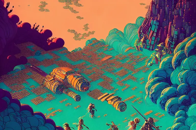 Image similar to fantasy battlefield, retro fantasy style, victo ngai, moebius, studio ghibli, triadic color scheme