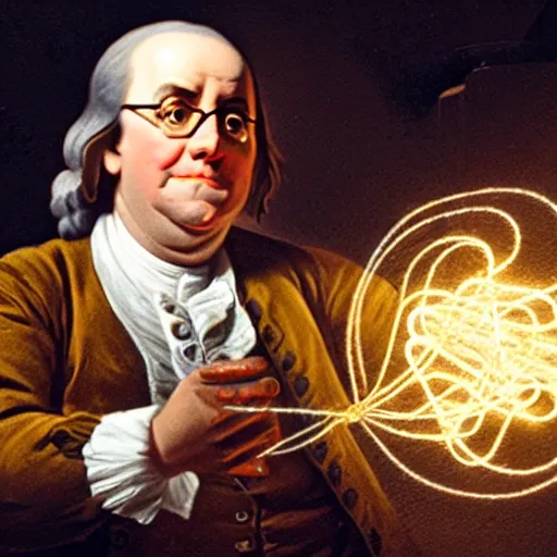 Image similar to benjamin franklin angrily throwing a string of led lights in the trash