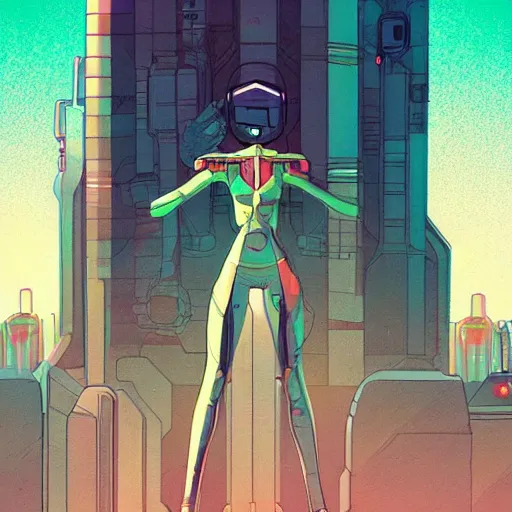 Prompt: beautiful sci - fi girl, full body standing in futuristic metropolis by josan gonzales