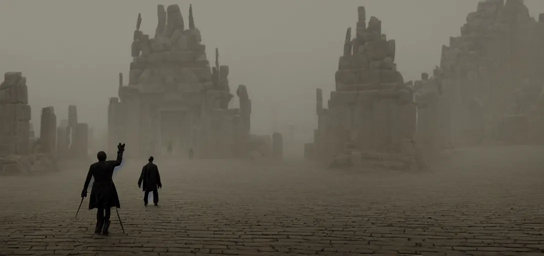 Prompt: prince of darkness as mickey mouse walking out from epic temple, foggy, cinematic shot, photo still from movie by denis villeneuve, wayne barlowe