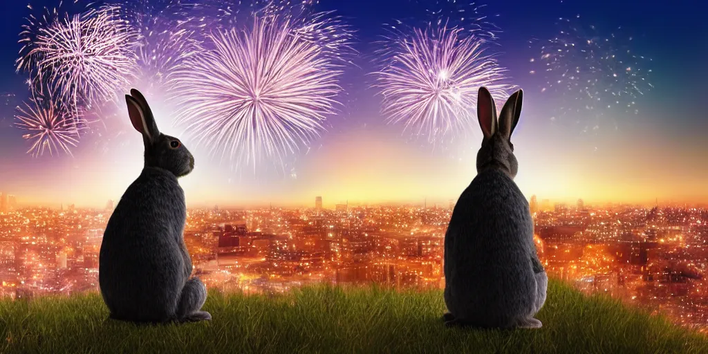 Image similar to a rabbit watching fireworks in the sky, sitting on a hill, city skyline in the background, nighttime, realistic digital art