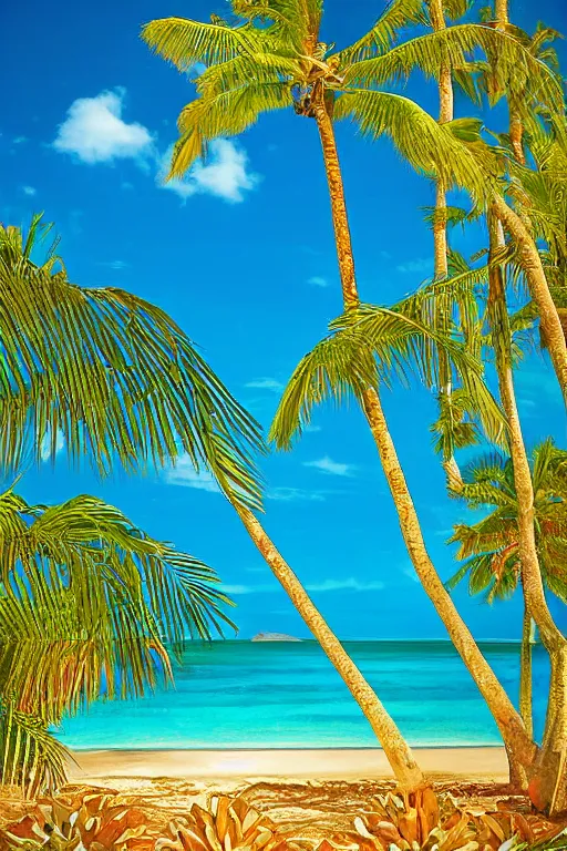 Image similar to beckoning palms lean over crystal clear water turquoise beautiful day hawaiian beach summer style by scott westmoreland