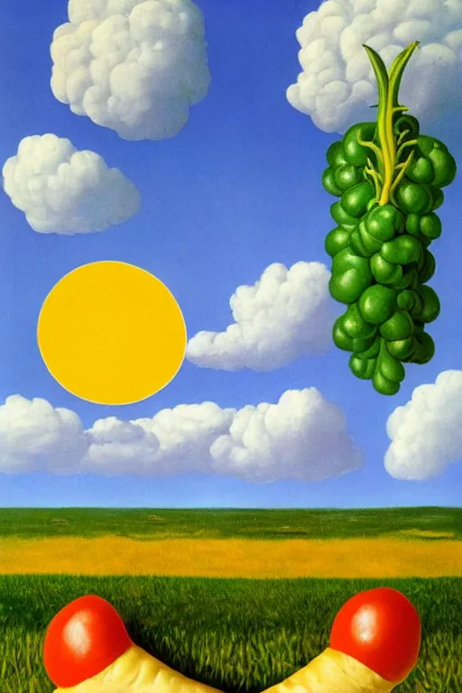 Image similar to Rene Magritte's Son Of Man painting of a bright hotdog vine growing in the clouds, the hotdog has a stem and leaves and is growing more unripe pink hotdogs on the hotdog vine, a baguette and a lobster can be seen in the sky behind