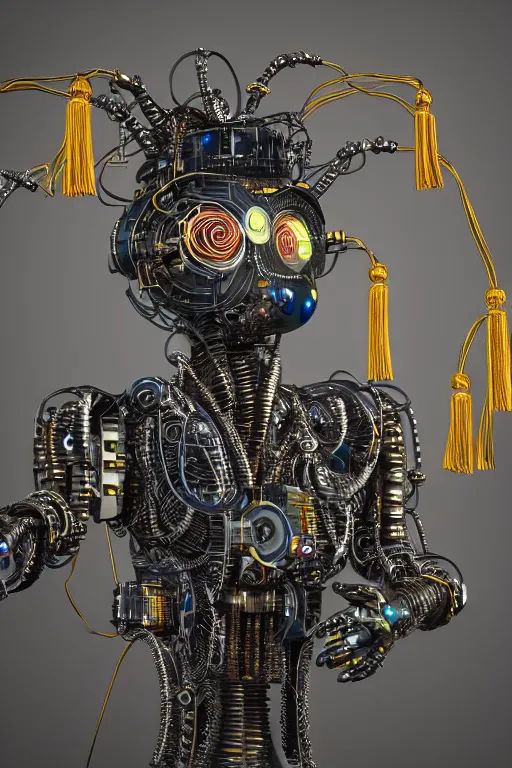 Prompt: a portrait of a extremely detailed beautiful robot lots of complex wires and connections, graduating wearing a black graduation hat with only one gold tassel. realism. concept art. unreal engine 5, f / 1. 8, v - ray, ultra hd, 8 k, graduation photo