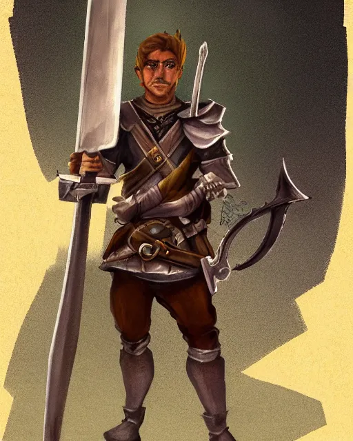 Prompt: a concept art of a D&D character, holding a sword made by Donutello