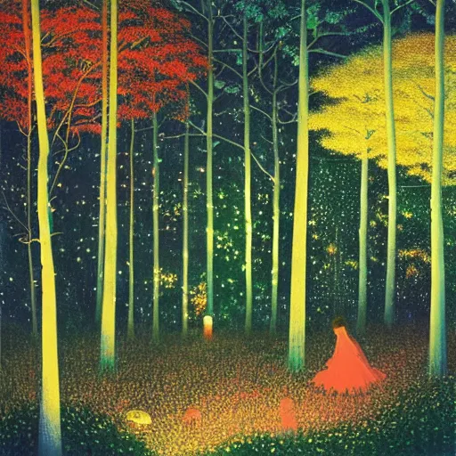 Prompt: an enchanted forest at night by Hiroo Isono