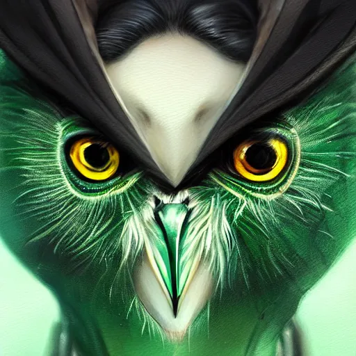 Image similar to a half human half owl creature wearing a green tuxedo suitCharacter design by charlie bowater, ross tran, artgerm, and makoto shinkai, detailed, inked, western comic book art, 2021 award winning painting,digital art,ultra realistic,ultra detailed,art by greg rutkowski,hyperdetailed,photorealistic