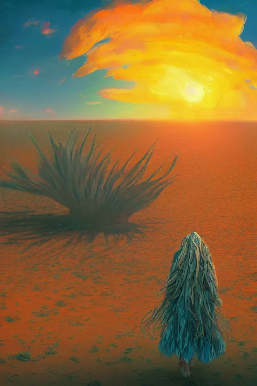 Image similar to giant corn flower head, girl walking in the desert, surreal photography, sunrise, dramatic light, impressionist painting, colorful clouds, digital painting, artstation, simon stalenhag