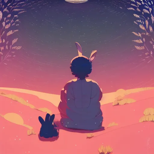 Image similar to A rabbit full of hope, looking for a black hole in an infinite time loop by Victo Ngai and Ghibli andlisk feng and atey ghailan