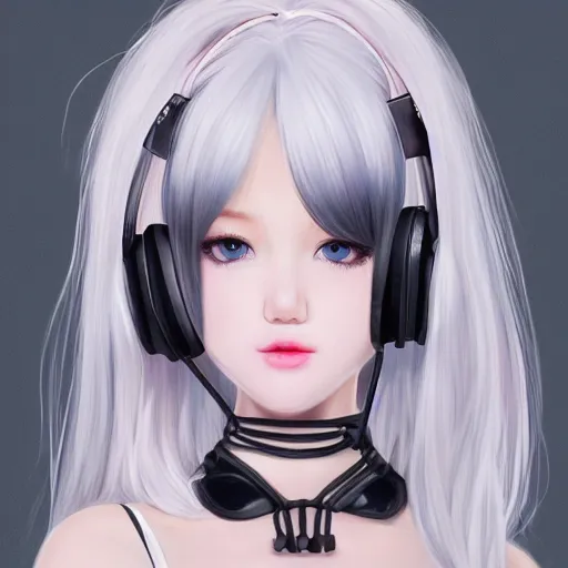 Image similar to realistic teasing detailed semirealism beautiful gorgeous cute Blackpink Lalisa Manoban white hair white cat ears blue eyes, wearing black camisole outfit, headphones, black leather choker full HD 4K high resolution quality WLOP, Aztodio, Taejune Kim, Guweiz, Pixiv, Instagram, Artstation