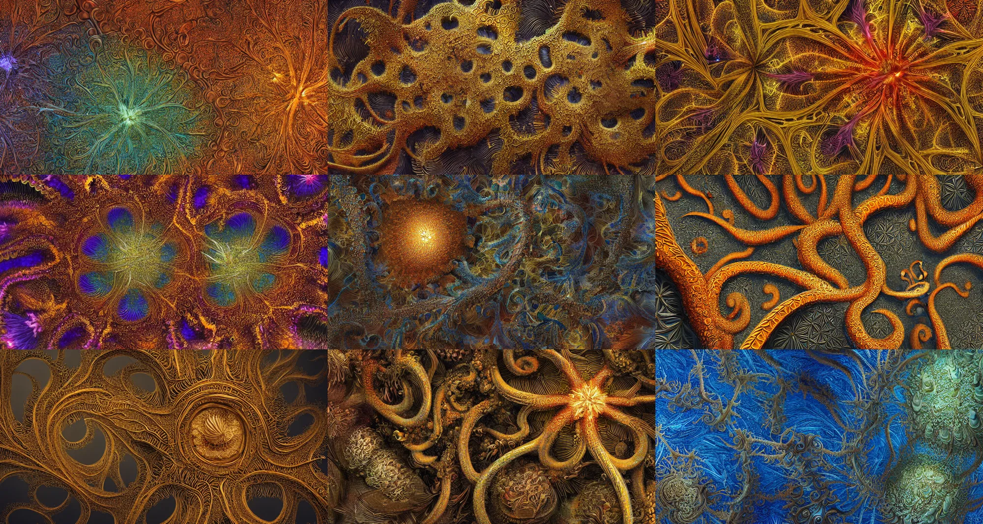 Prompt: Close up of intricate Vladimir Kush mandelbulb fractal, made of fireworks and octopus, ultra detailed, fractal art, cgsociety, artstation