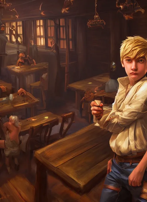 Image similar to An epic fantasy comic book style portrait painting of a young blonde boy thief in a tavern, unreal 5, DAZ, hyperrealistic, octane render, cosplay, RPG portrait, dynamic lighting