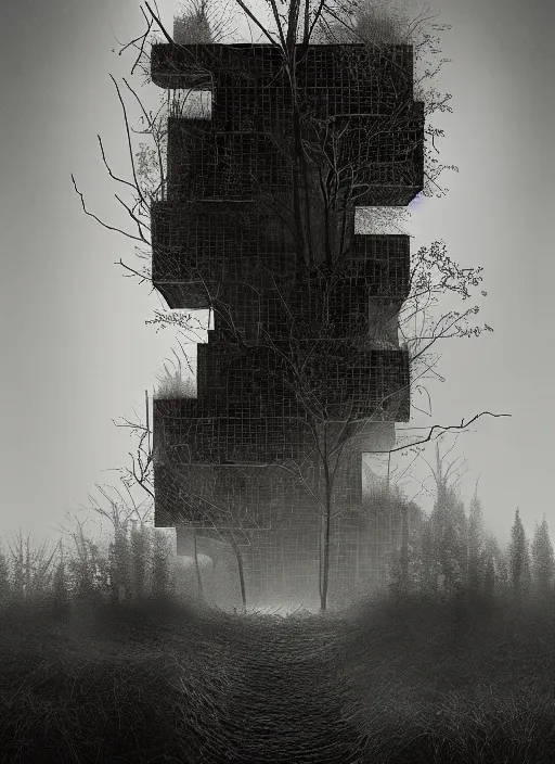 Image similar to burning overgrowth, a lone man, habitat 67, Mads Berg, Karolis Strautniekas, film noir, stippled light, dramatic lighting,editorial illustration, detailed,fine texture, matte print