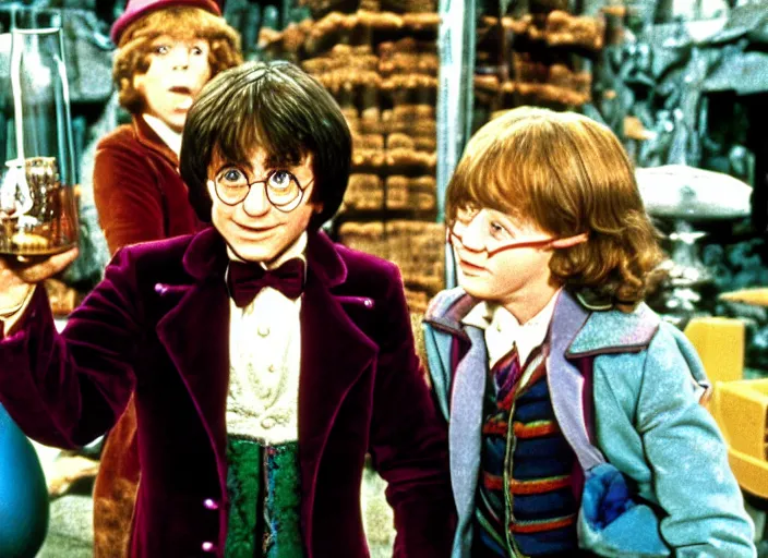 Image similar to film still of Harry potter in Willy Wonka's and the Chocolate Factory 1971