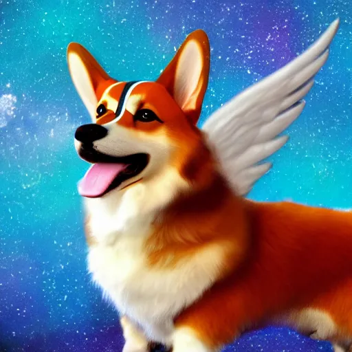 Image similar to corgi with [ angelic wings ]!!, [ flying like a superhero ]!! in the [ night sky ]!! where the stars are visibly perceptible, [ realistic photo ]!!, [ 4 k photorealism ]!!, trending on artstation