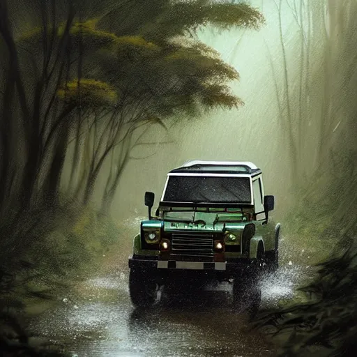 Image similar to a landrover crossing a forest path while its raining, digital art, artstation, photgraphy, highly detailed, digital painting, artstation, concept art, sharp focus, illustration, art by greg rutkowski and artgerm