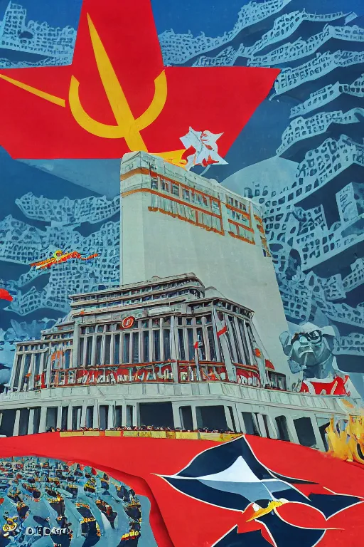 Image similar to a communist propaganda poster of Kim Jong-il and a giant starfish Kaiju monster destroying Pyongyang, traditional Korean city, palace, epic ultrawide shot, cinémascope