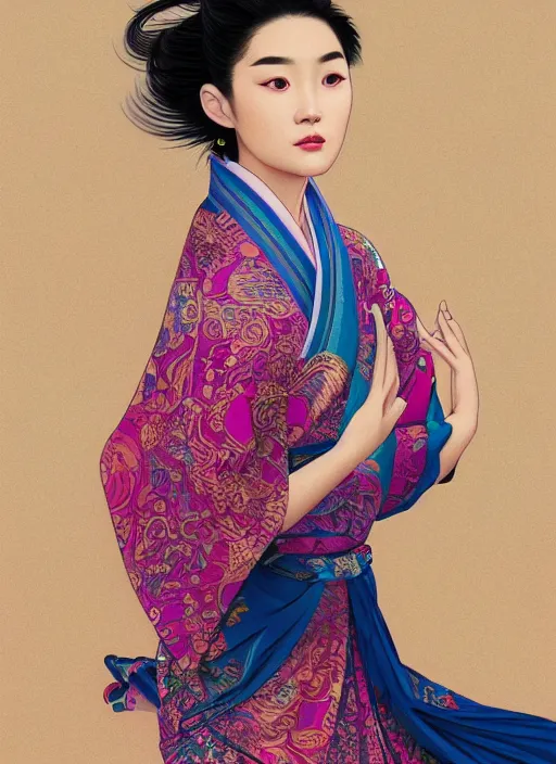 Prompt: beautiful young Asian woman, gorgeous face, sad eyes, tears, vaporwave aesthetic, synthwave, colorful, intricate, elegant, long beautiful flowing kimono, Asian temple landscape, highly detailed, digital painting, artstation, concept art, smooth, sharp focus, illustration, art by artgerm and greg rutkowski and alphonse mucha