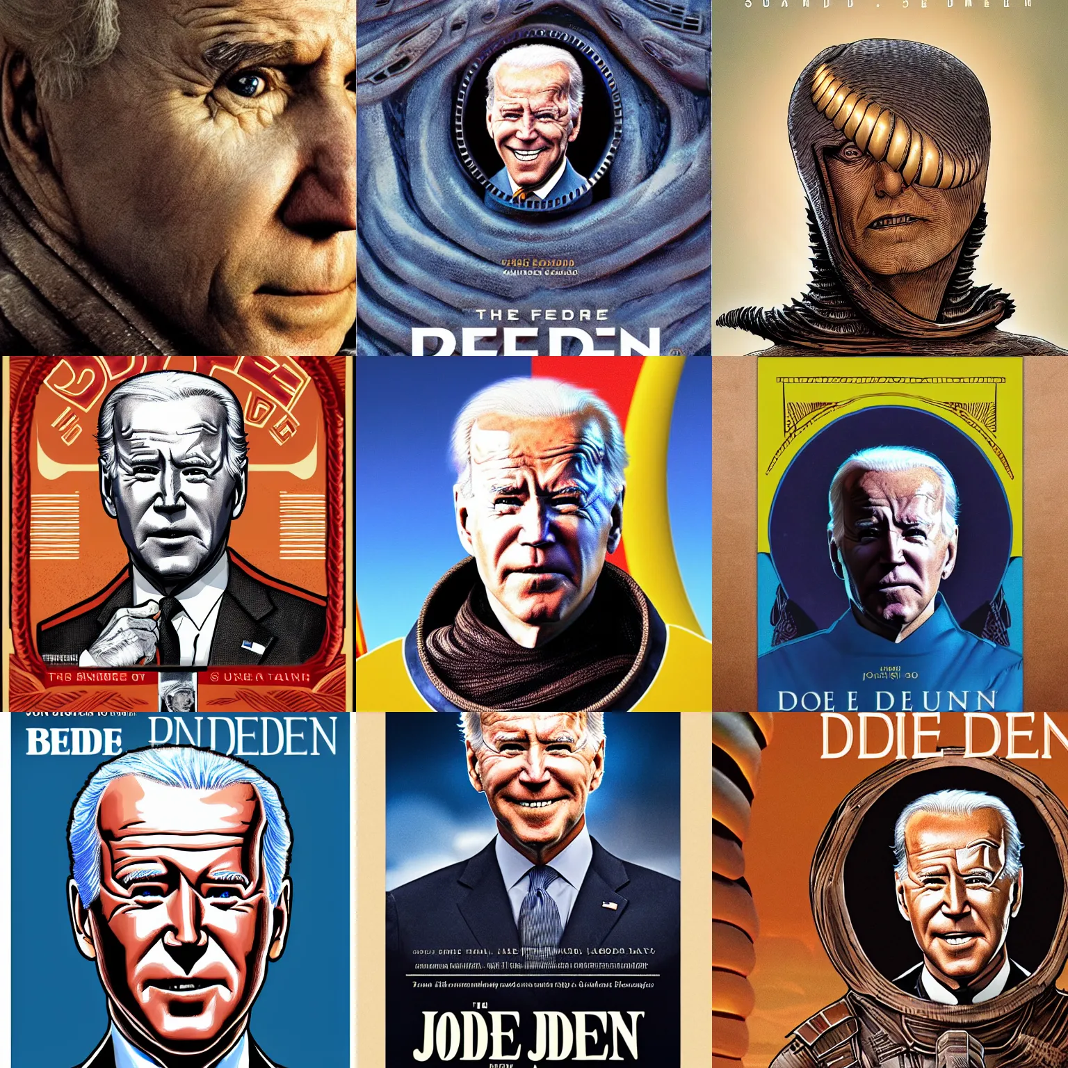 Prompt: The face of Joe Biden on Dune's sandworm body. cgi 4k dune cover