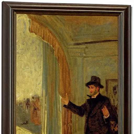 Prompt: a young man watching an actress on stage in an old theater, by alfred stevens