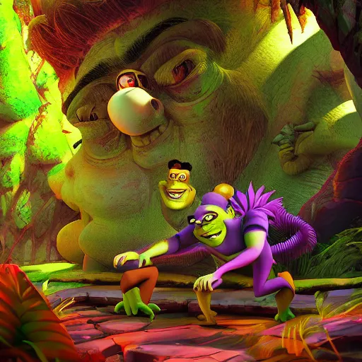 Image similar to a hybrid of jimmy neutron and shrek and donkey kong by beeple, swamp mythos, ancient monkey jungle temple, boy genius, 4 k, rendered in octane