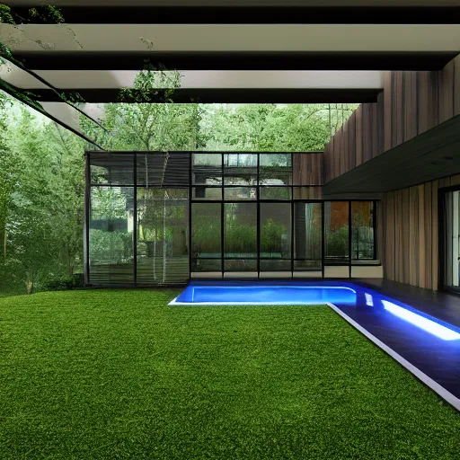Image similar to contemporary house in the forest, lights inside, foliage, square pool, unreal engine, textures, detailed, realistic
