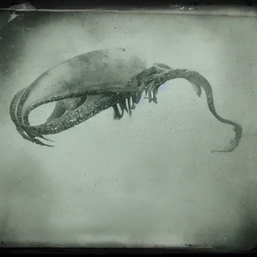 Image similar to tintype photo, swimming deep underwater, alien squid bird